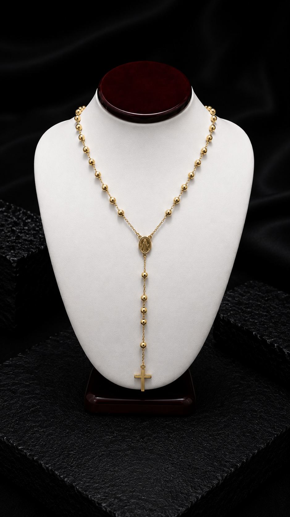 18K Gold Rosary Necklace | Miraculous Medal & Cross