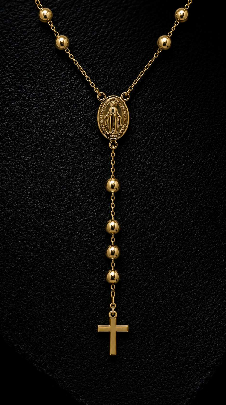 18K Gold Rosary Necklace | Miraculous Medal & Cross